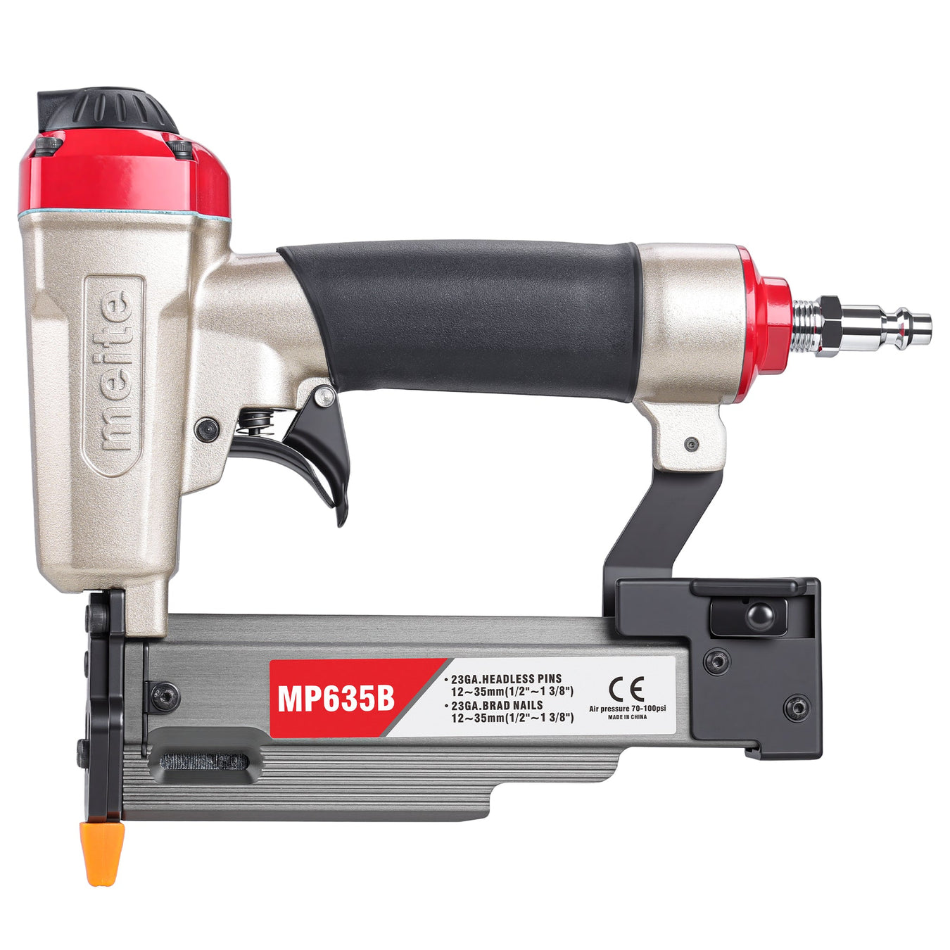 Overview of meite USA MP635B 22Ga pneumatic pin nailer in white background