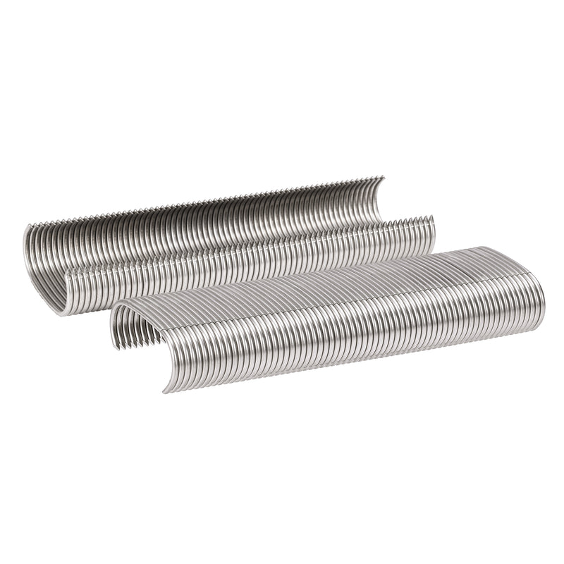 Two strips of Meite USA 14 gauge 1-1/2" crown 304 stainless steel hog rings displayed on a white background 