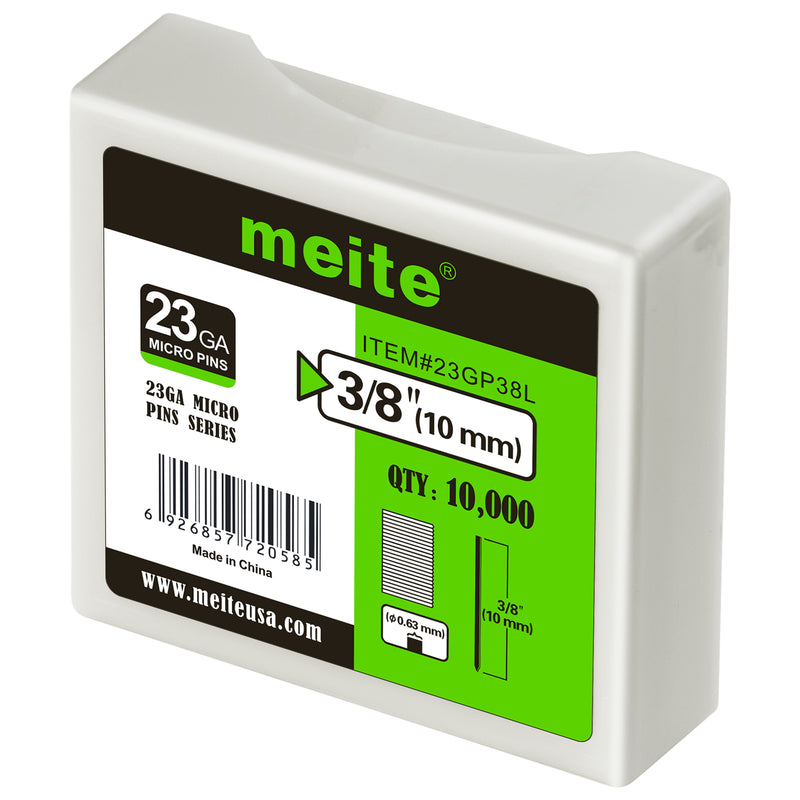 One box of meite USA 23 gauge 3/8 inch length pin nails, 10000 piece 
