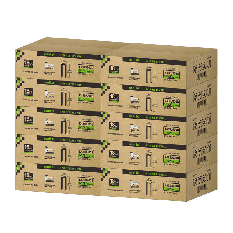 Meite USA 18 gauge 1/4 inch crown staples in 1-1/2 inch length, 10 cases at 8 boxes per case, displayed on a white background