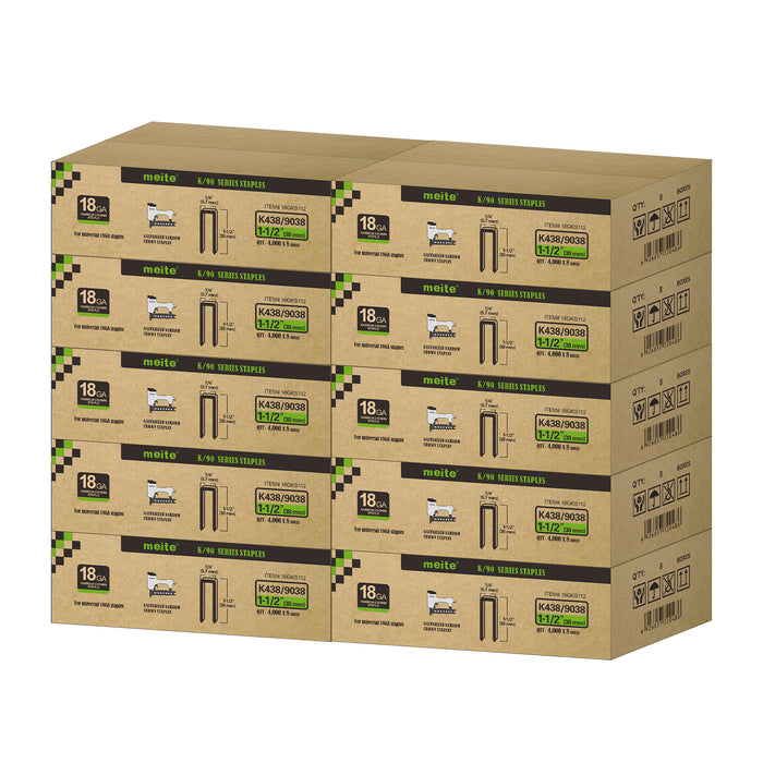 Meite USA 18 gauge 1/4 inch crown staples in 1-1/2 inch length, 10 cases at 8 boxes per case, displayed on a white background