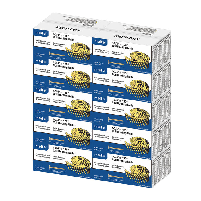 Meite USA 1-3/4 inch length roofing coil nails, a full pallet with 10 boxes at 7200 pieces per box, displayed on a white background