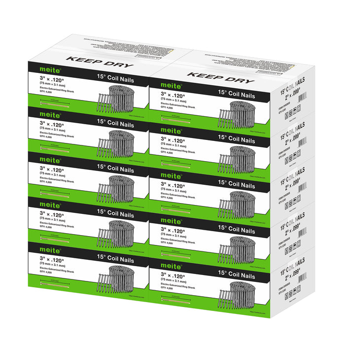 Meite USA 3 inch length coil siding nails, a full pallet with 10 boxes at 4500 pieces per box, displayed on a white background