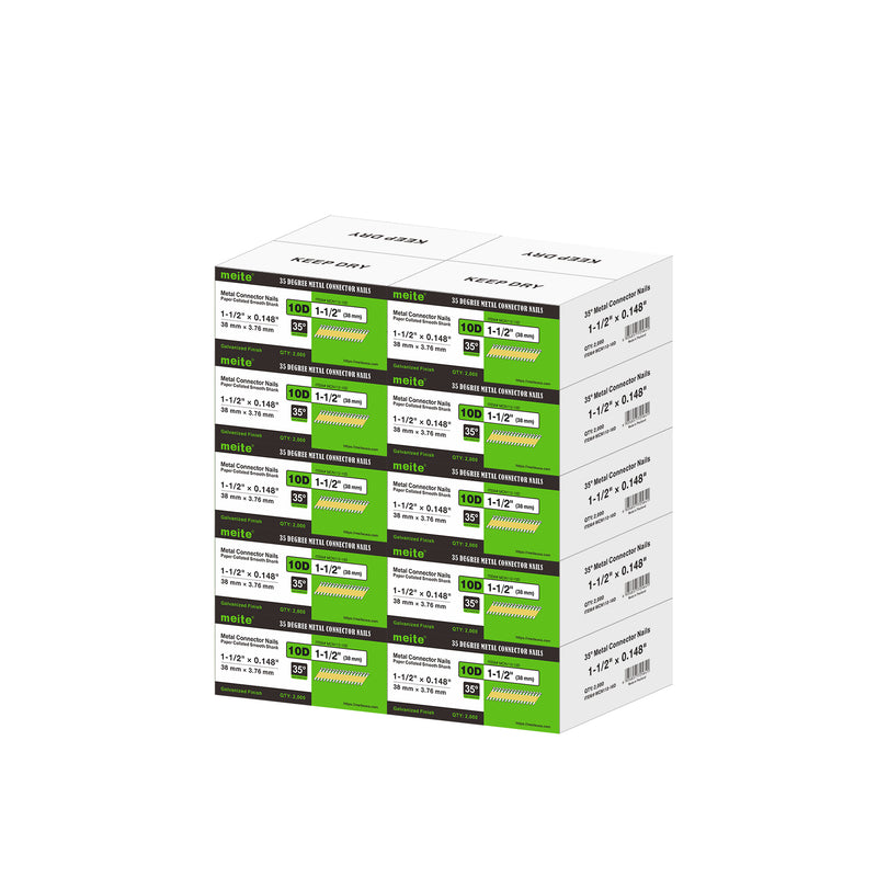 Meite USA metal connector nails, with 10 boxes at 2000 pieces per box, displayed on a white background