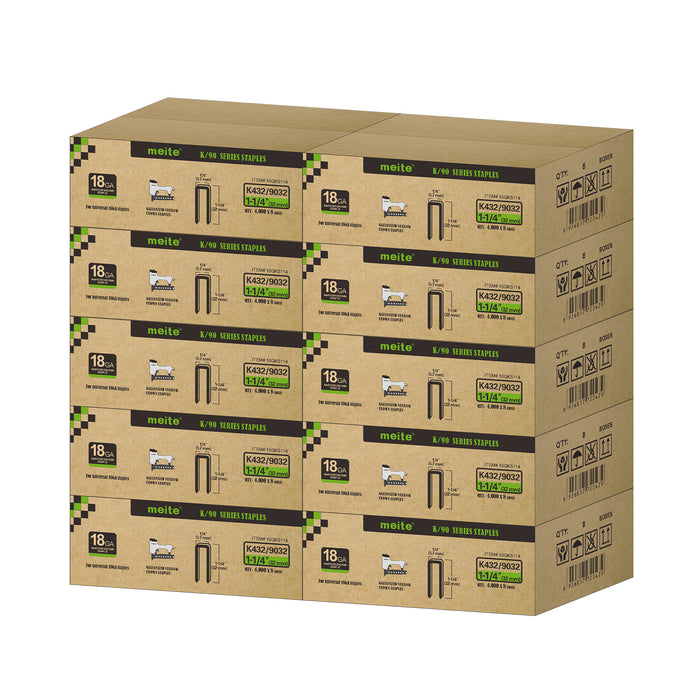Meite USA 18 gauge 1/4 inch crown staples in 1-1/4 inch length, 10 cases at 8 boxes per case, displayed on a white background