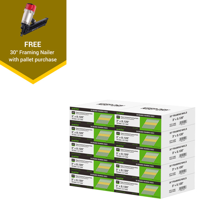 Meite USA 30-degree framing nails, 10 boxes at 2000 pieces per box, displayed with one included 30-degree framing nailers on a white background