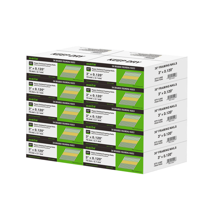 Meite USA 30-degree ring shank framing nails, 10 boxes at 2000 pieces per box, displayed on a white background