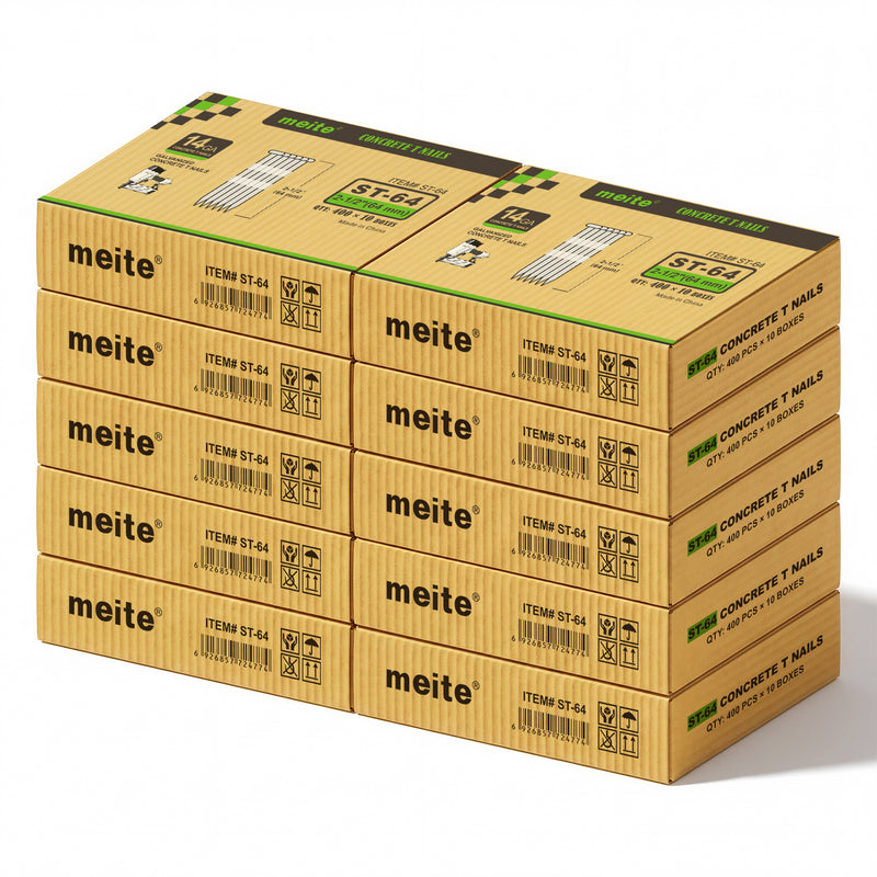 Meite USA 14 gauge 2 1/2 inch length concrete T nails, 10 cases at 10 boxes per case, 40000 pcs in total, displayed at a white background