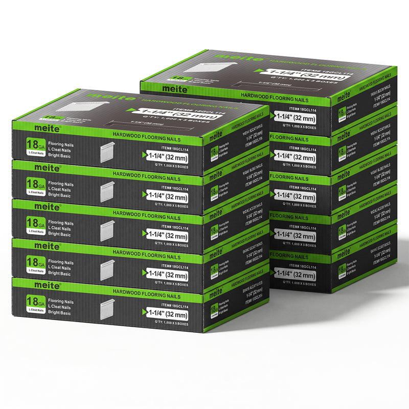 10 Cases of meite USA 18Ga 1-1/4 inch length L-cleat flooring nails, 5 boxes in one case, 50,000 PCS in total, in white background
