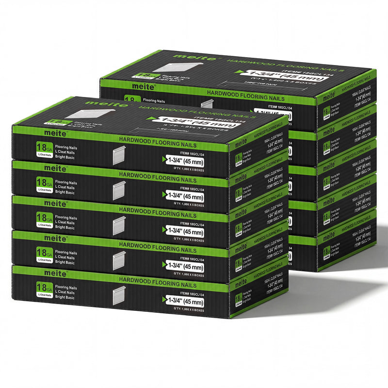 10 Cases of meite USA 18Ga 1-3/4 inch length L-cleat flooring nails, 5 boxes in one case, 50,000 PCS in total, in white background
