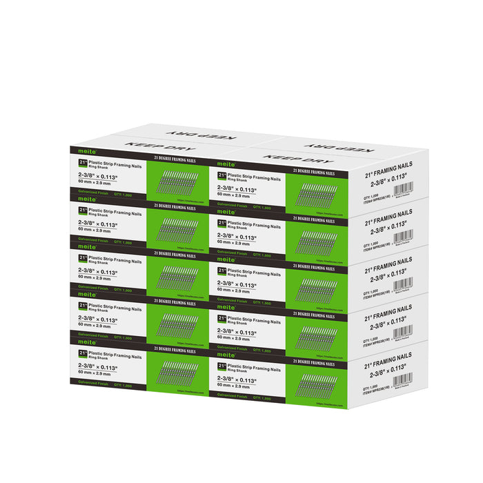 Meite USA 21-degree 2-3/8 inch length framing nails, a pallet with 10 boxes at 1000 pieces per box, displayed on a white background