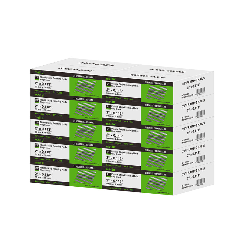Meite USA 21-degree 2 inch length framing nails, with 10 boxes at 1000 pieces per box, displayed on a white background