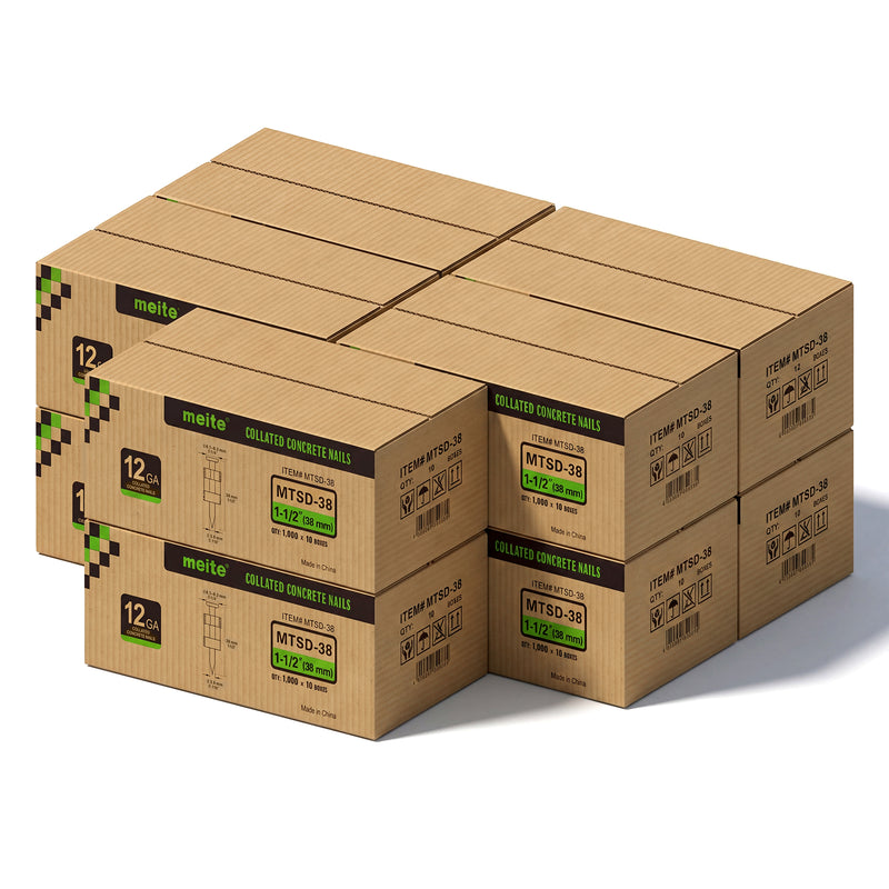 10 boxes of Meite USA 1-1/2'' Plastic Collated Concrete Pins displayed on a white background, including 10,000 pcs per box