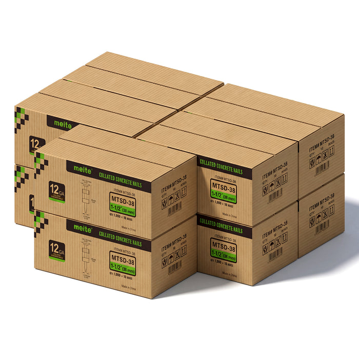10 boxes of Meite USA 1-1/2'' Plastic Collated Concrete Pins displayed on a white background, including 10,000 pcs per box