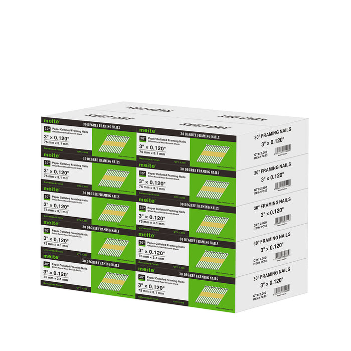 Meite USA 30-degree smooth shank framing nails, 10 boxes at 2000 pieces per box, displayed on a white background