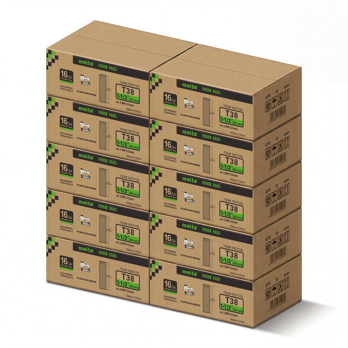 Meite USA 16 gauge 1-1/2 inch length finish nails, 10 cases at 12 boxes per case, displayed on a white background