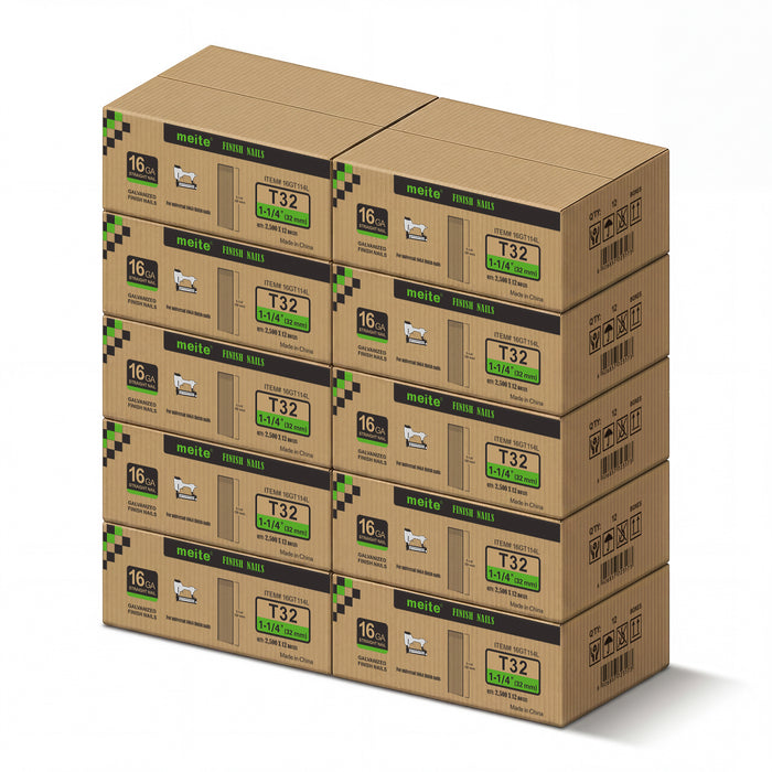 Meite USA 16 gauge 1-1/4 inch length finish nails, 10 cases at 12 boxes per case, displayed on a white background