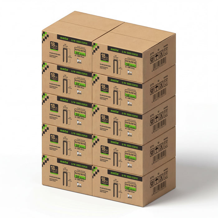 Meite USA 18 gauge 1/4 inch crown staples in 5/8 inch length, 10 cases at 10 boxes per case, displayed on a white background