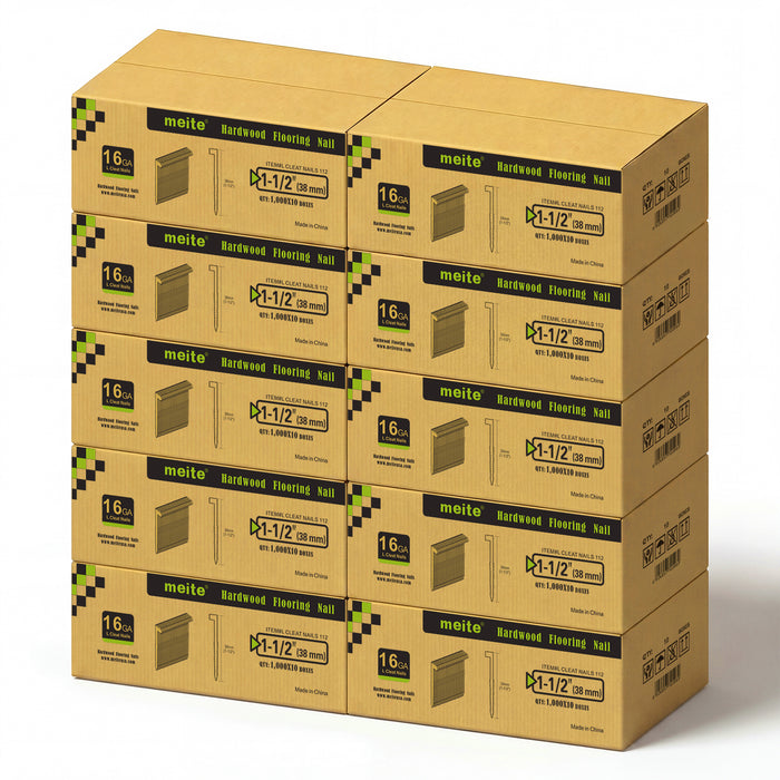 10 Cases of meite USA 16Ga 1-1/2 inch length L-cleat flooring nails, 10 boxes in one case, 100,000 PCS in total, in white background
