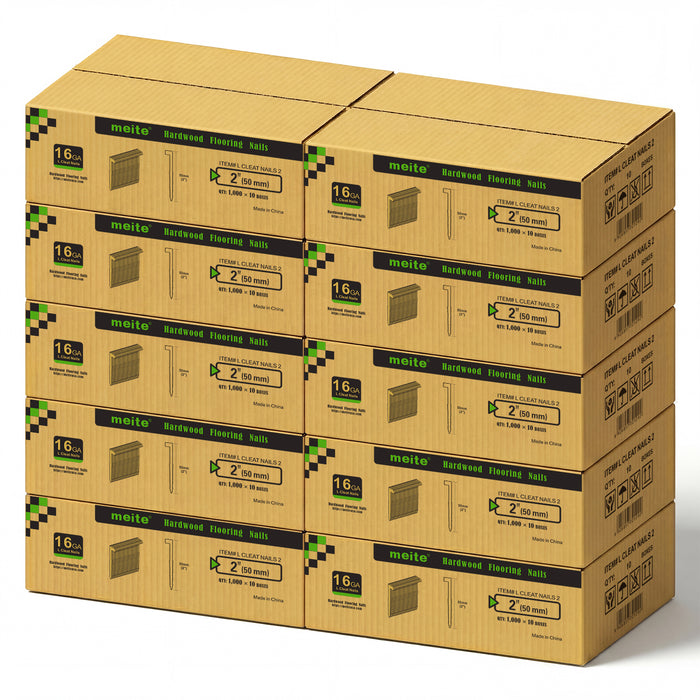 10 Cases of meite USA 16Ga 2 inch length L-cleat flooring nails, 10 boxes in one case, 100,000 PCS in total, in white background