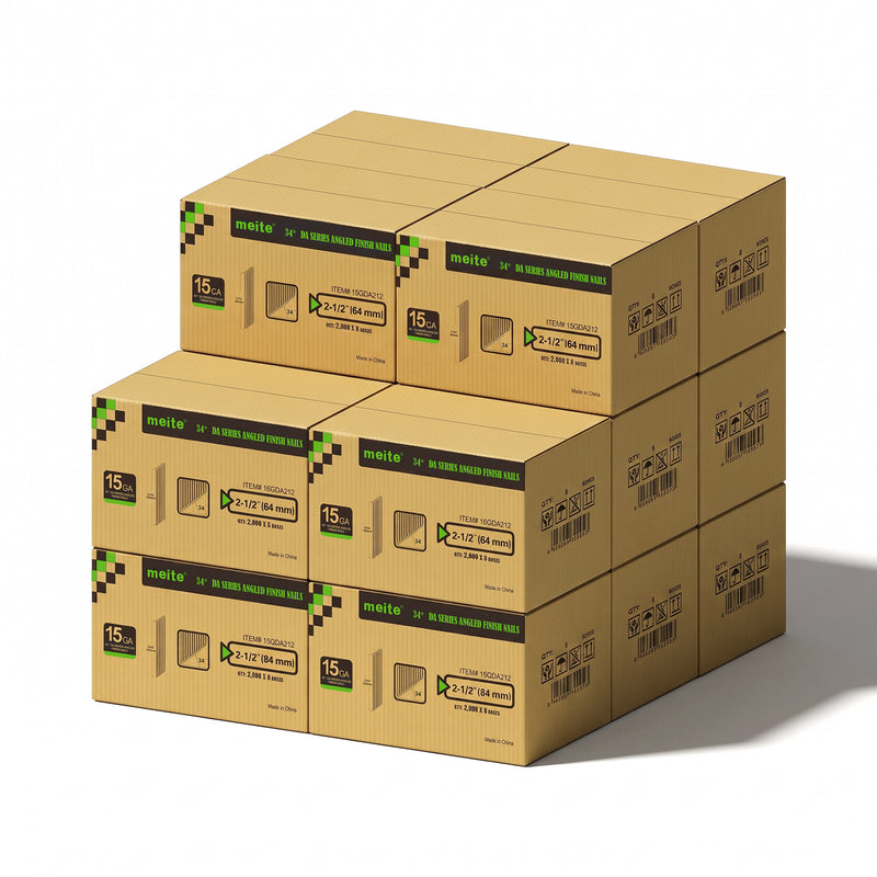 meite USA 15 gauge 34 degree 2-1/2 inches angled finish nails, 10 cases at 8 boxes per case, 160000 pcs in total