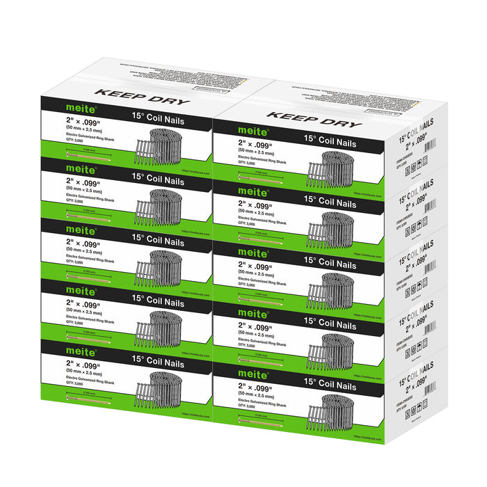 Meite USA 2 inch length coil siding nails, a full pallet with 10 boxes at 3000 pieces per box, displayed on a white background