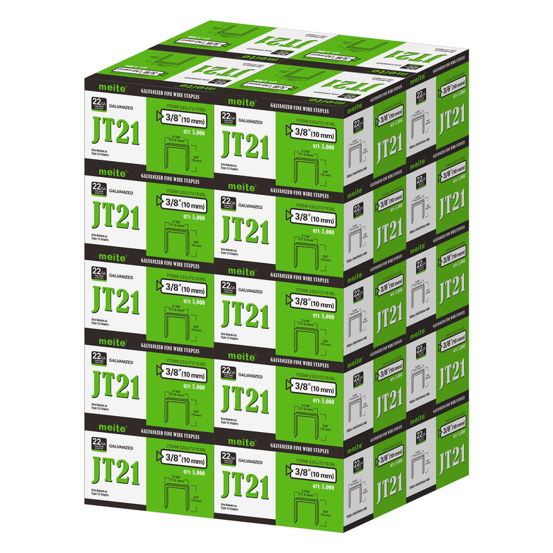 Meite USA JT21 staples, 20 boxes of 22Ga galvanized staples in 3/8 inch length shown on a white background, 5000 staples per box