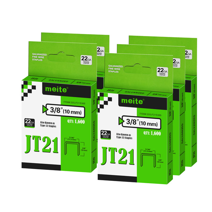 Meite USA JT21 staples, five packs of 22Ga galvanized staples in 1/4 inch length shown on a white background, 1600 staples per pack for a total of 8000 pieces