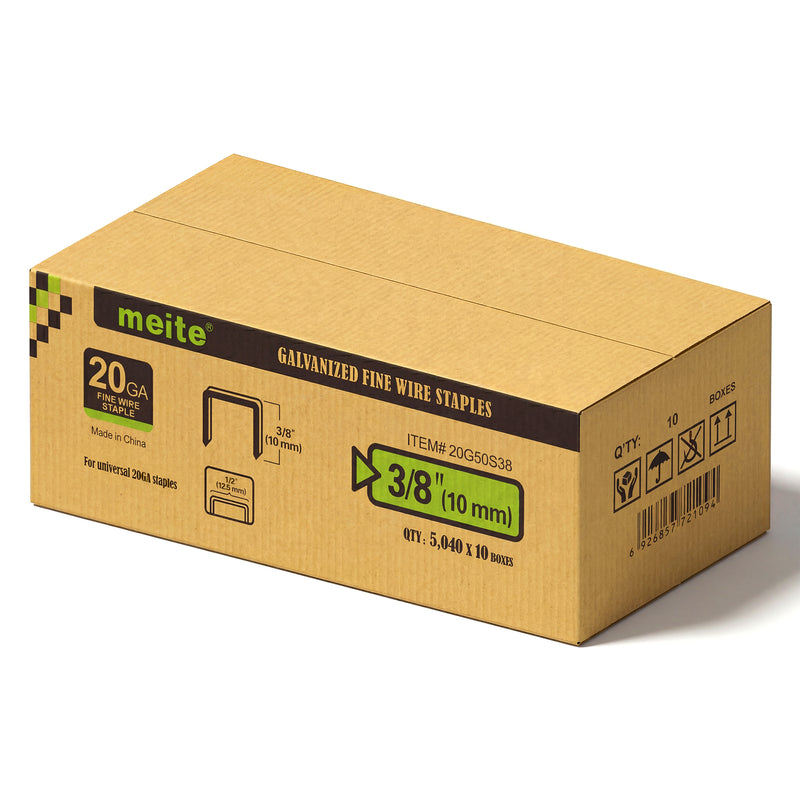 Meite USA case pack containing 10 boxes of 20Ga 1/2-inch crown 3/8'' length upholstery staples with 5040 pieces per box on a white background