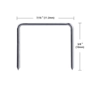 Meite USA JT21 staple close-up on a white background, with labeled measurements of 7/16 inch crown width and 3/8 inch leg length
