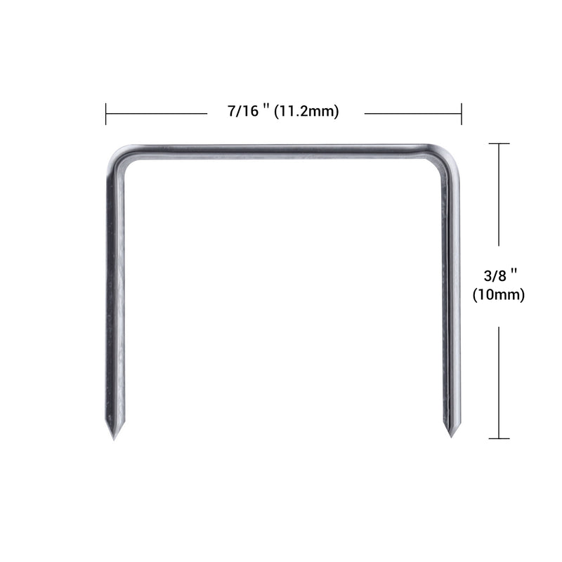 Meite USA JT21 staple close-up on a white background, with labeled measurements of 7/16 inch crown width and 3/8 inch leg length