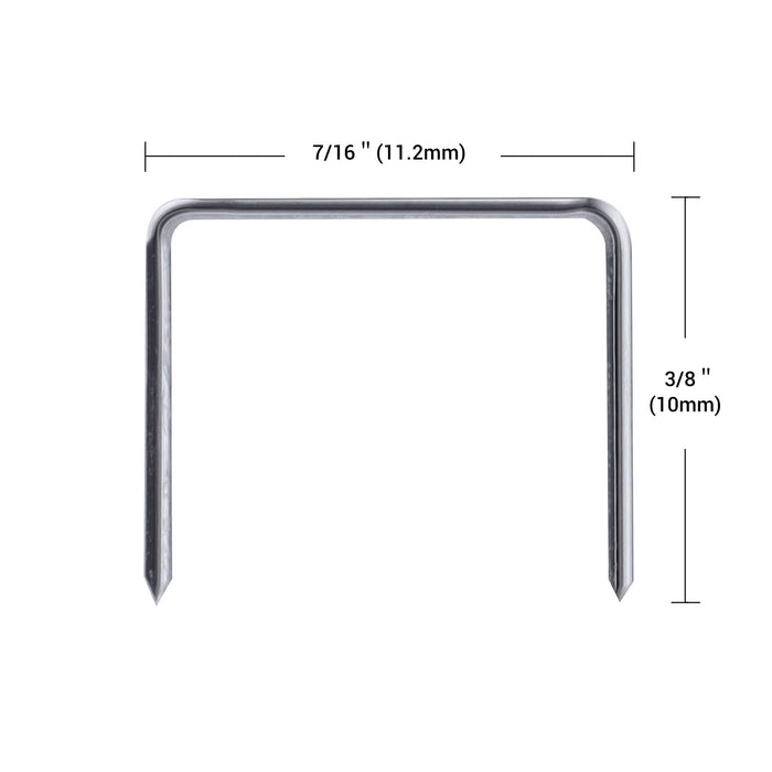 Meite USA JT21 staple close-up on a white background, with labeled measurements of 7/16 inch crown width and 3/8 inch leg length