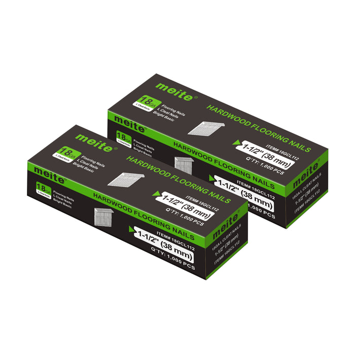 Meite USA 18Ga 1-1/2 inch length L-cleat flooring nails, two boxes, white background