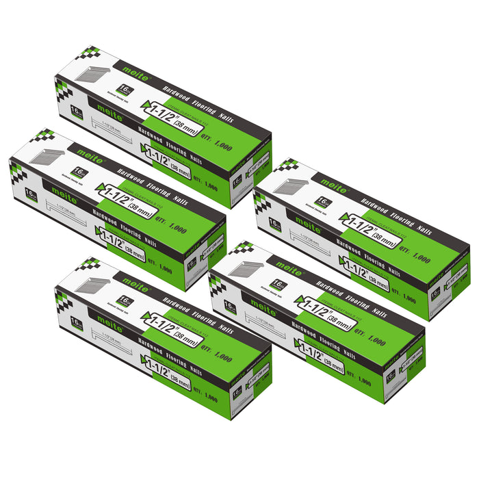 Meite USA 16Ga 1-1/2 inch length L-cleat flooring nails, five boxes, white background