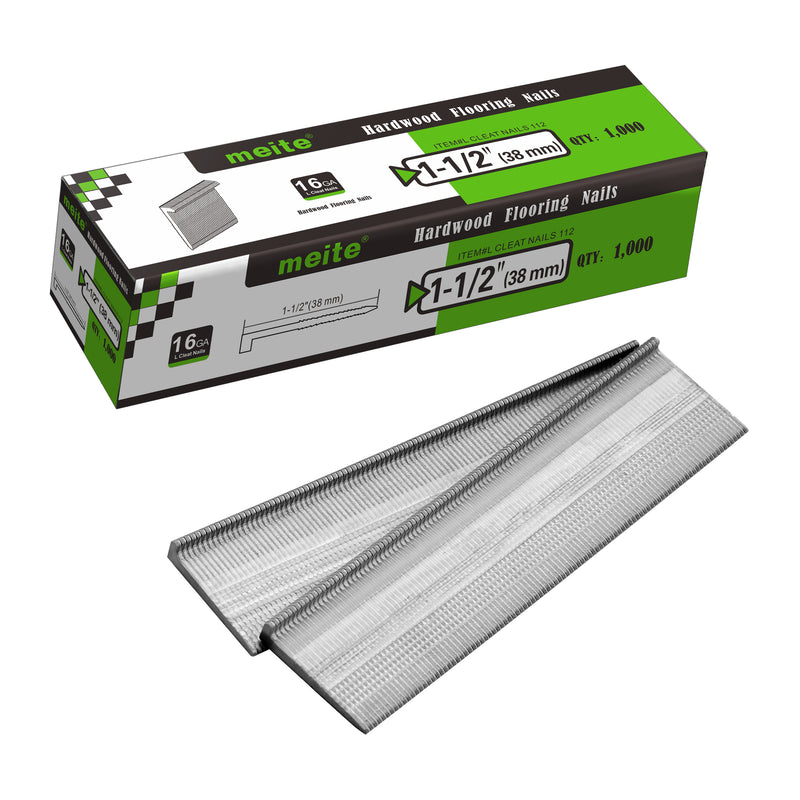 Meite USA 16Ga 1-1/2 inch length L-cleat flooring nails packaging box with with two strips flooring nails on white background