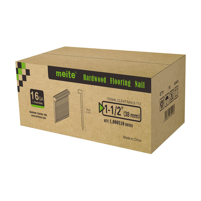 Meite USA 16Ga 1-1/2 inch length L-cleat flooring nails, 10 boxes in one case, white background