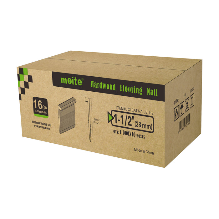Meite USA 16Ga 1-1/2 inch length L-cleat flooring nails, 10 boxes in one case, white background