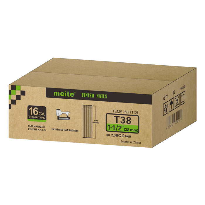 One case pack of meite USA 16 gauge 1 
 1/2 inch length finish nails, each box contains 2500 pieces, 18 boxes per case