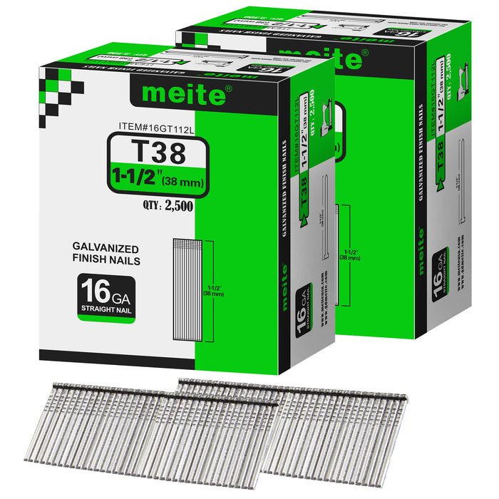 Two boxes pack of meite USA 16 gauge 1 1/2 inch length finish nails, 2500 pieces per box, showing with two strips brad nails on white background