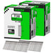 Two boxes pack of meite USA 16 gauge 1 1/2 inch length finish nails, 2500 pieces per box, showing with two strips brad nails on white background