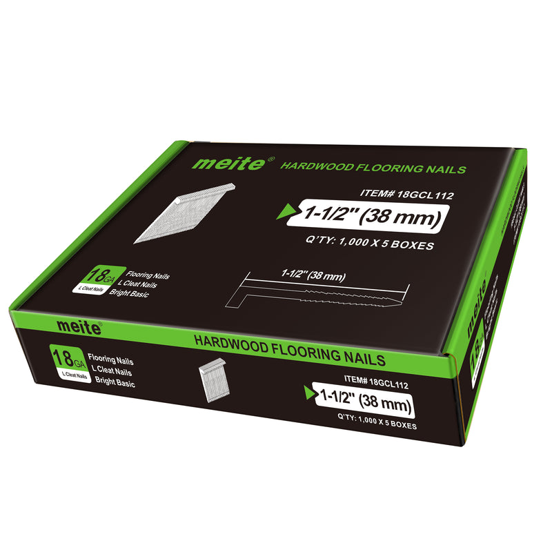 Meite USA 18Ga 1-1/2 inch length L-cleat flooring nails, 5 boxes in one case, white background