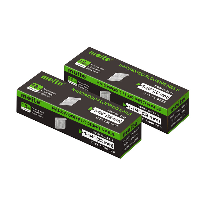 Meite USA 18Ga 1-1/4 inch length L-cleat flooring nails, two boxes, white background