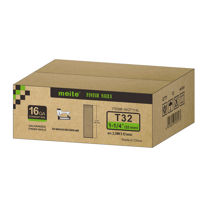 One case pack of meite USA 16 gauge 1 1/4 inch length finish nails, each box contains 2500 pieces, 18 boxes per case