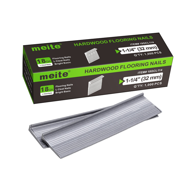 Meite USA 18Ga 1-1/4 inch length L-cleat flooring nails packaging box with with two strips flooring nails on white background