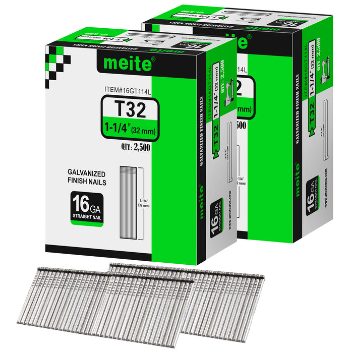 Two boxes pack of meite USA 16 gauge 1 1/4 inch length finish nails, 2500 pieces per box, showing with two strips brad nails on white background