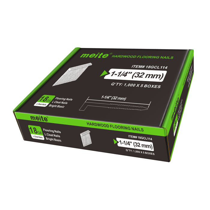 Meite USA 18Ga 1-1/4 inch length L-cleat flooring nails, 5 boxes in one case, white background