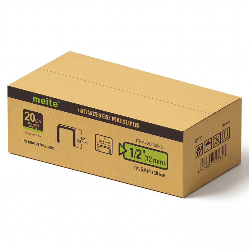 Meite USA case pack containing 10 boxes of 20Ga 1/2-inch crown 1/2'' length upholstery staples with 5040 pieces per box on a white background