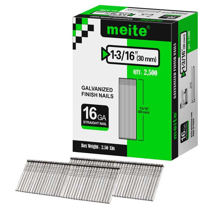 One box pack of meite USA 16 gauge 1 3/16 inch length finish nails, 2500 pieces, showing with two strips brad nails on white background