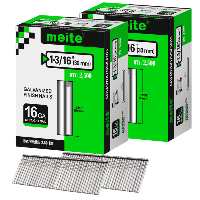 Two boxes pack of meite USA 16 gauge 1 3/16 inch length finish nails, 2500 pieces per box, showing with two strips brad nails on white background