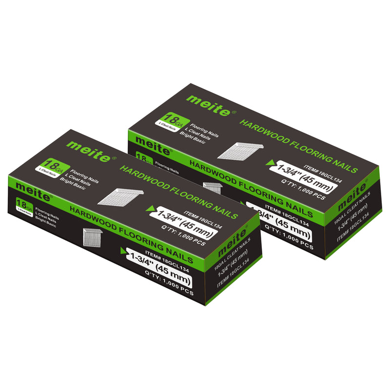 Meite USA 18Ga 1-3/4 inch length L-cleat flooring nails, two boxes, white background